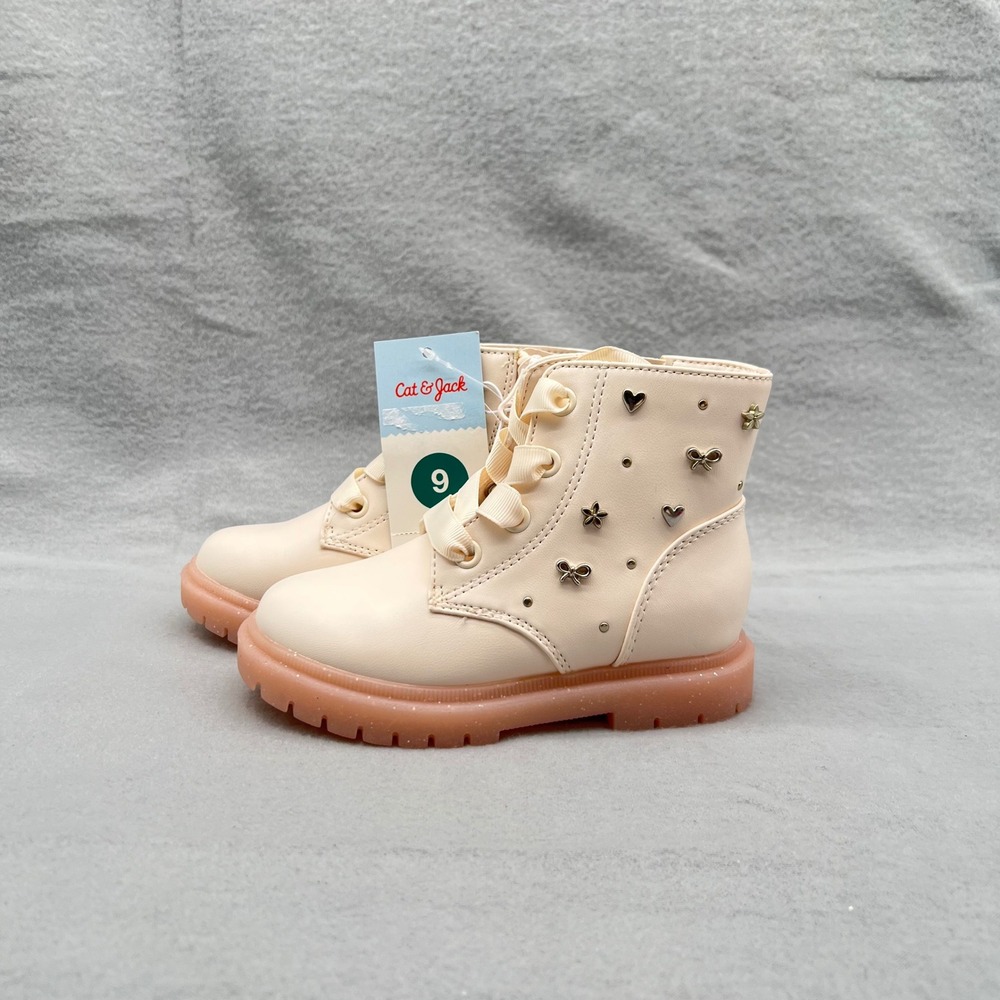 Cat & Jack Toddler Girls Amaya Combat Boots Ivory Pink Glitter Sole Size 9 NEW